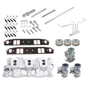 1957-86 SBC 3×2 Carb/Intake Manifold Kit w/Stainless Lines